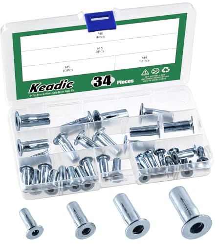 Keadic 34Pcs Multi-Grip Niet-Mutter Pre Bulbed Gewindeeinsätze Sortiment Set, M4 M5 M6 M8 Verzinkte Flachkopf geschlitzt Nutsert Verbindungselemente für Bauindustrie