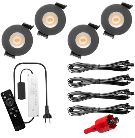 S-Polytec PREMIUM Mini LED- Einbauspots Warmweiss 3.000K, DIMMBAR, IP65, FUNK 3W Einbaustrahler Terrassenüberdachung, Bad, Sauna mit Fernbedienung (ANTHRAZIT, 4x LED-SET)