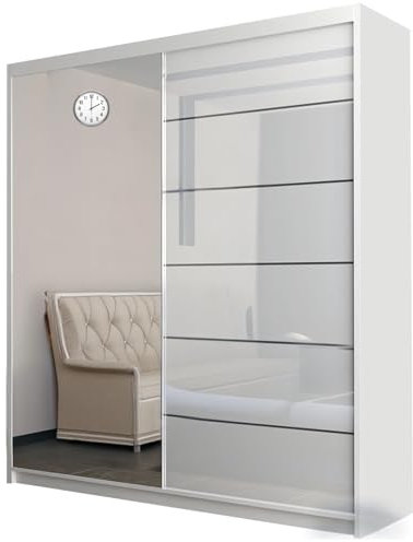 ZIUSA Wardrobe - High Gloss and Mirror Sliding Double Door Wardrobe (White, 200 CM)