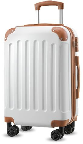 YOETEY Handgepäck Koffer mit Rollen, ABS Hartschale Trolley mit TSA Schloss, Weiß Braun, 57x37x23 cm