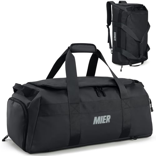 MIER Sporttasche 60L, Reisetasche Rucksack, Schuhfach, Weekender, Schwarz | Separates Schuhfach, Außentasche für Flasche, Handy und Kleinteile, für Fitnessstudio, Camping und Outdoor