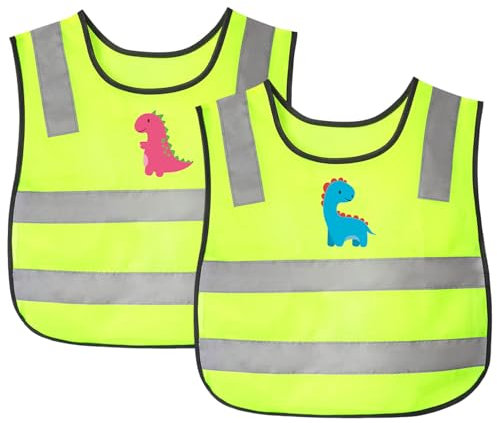 RoxNvm Gilet Haute Visibilité, 2 Pcs Gilet Jaune Enfant, Gilet de Sécurité pour Vélo pour Enfants (3-12 Ans), Gilet Réfléchissant pour lÉcole, Le Cyclisme, La Circulation Routière (Dinosaure)