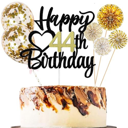 Anlgdi Tortendeko 44 Geburtstag Frauen Männer, Kuchen Topper 44. Geburtstag Frau, Cake Topper Happy 44th Birthday Schwarz Gold, Glitter Kuchen Deko 44. Deko für Geburstagstorte Deko 44 Jahre Frau Mann