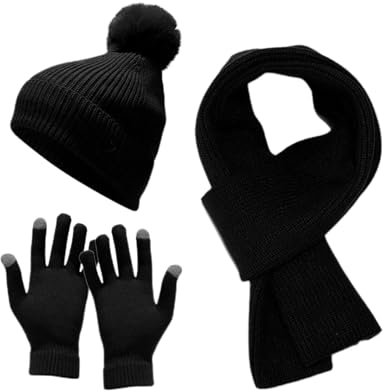 Set aus Mütze, Schal, Handschuhe für Damen | Wollmütze, Schal, Handschuhe, Stirnband für Outdoor-Reisen, Schwarz , Refer to description