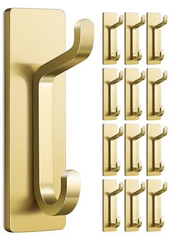 pickpiff 12-Pack Self Adhesive Hooks: Gold Stick-On Hook 6KG, Wall and Door Hanger for Hanging Towel Coat Robe