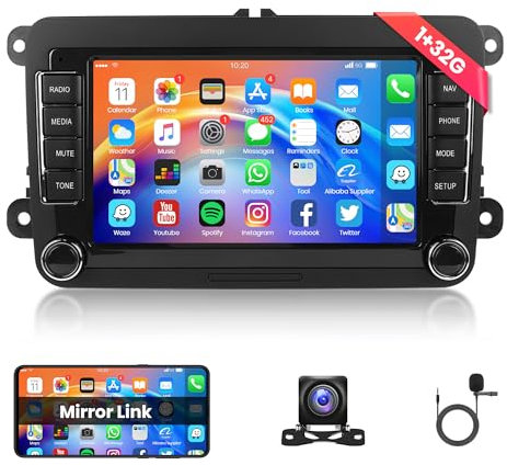32G Android Radio de Coche 2 DIN para VW Golf 5 6 Passat Polo Tiguan Touran Caddy Skoda Seat 7 Pulgadas Radio Coche con GPS Navi WiFi Mirror Link Bluetooth FM/RDS/EQ Comandi al Volante Cámara Trasera