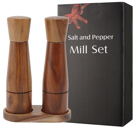Moulin à sel et poivre en bois d'acacia avec soucoupe Ruspela Lot de 2 moulins à poivre et sel en bois avec plateau - Épaisseur réglable - 20,3 cm Manuel Moulins à Épices