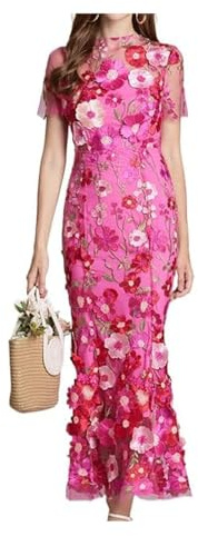 INFJMH Women's 3D Floral Embroidery Long Dress Elegant Short Sleeve Fishtail Lace Bodycon Party Cocktail Dress