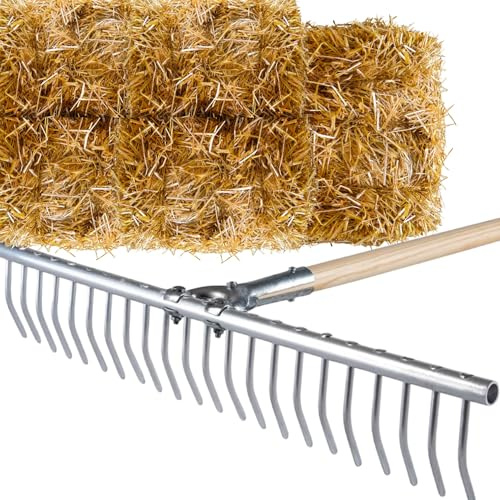 Rastrello da Giardino in Alluminio, Denti Curvi, Manico Lungo in Legno, per Pulizia Prato e Raccolta Foglie