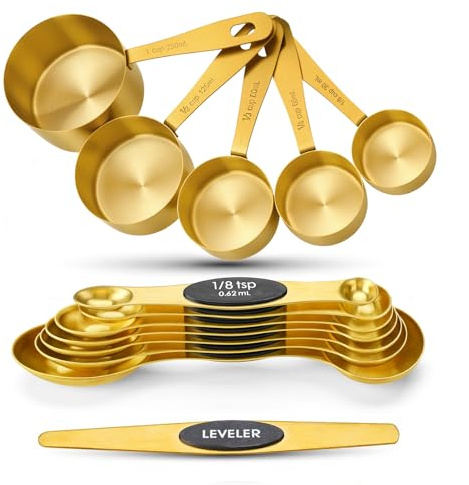 Cuteefun Set di 13 Misurino e Cucchiaio Dosatore, 8 Cucchiai Magnetici a Doppia Faccia con Leva, 4 Misurini Metrici, Dosatori da Cucina In Acciaio Inox per Cucinare e Cuocere, Bevande