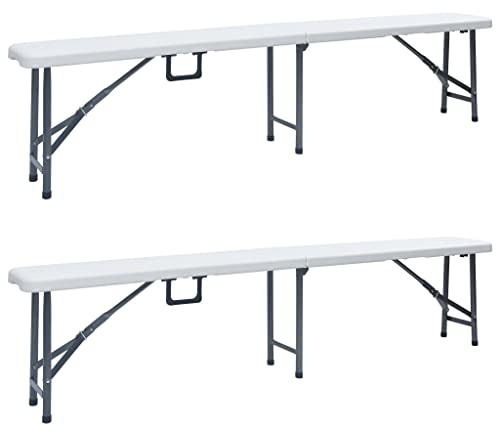 HEFZGDB Klappbare Gartenbänke 2 STK. 180 cm HDPE Weiß Faltbare Sitzgruppe für Picknick Camping mit Stahlrahmen wetterfest leicht transportierbar platzsparend klappbar
