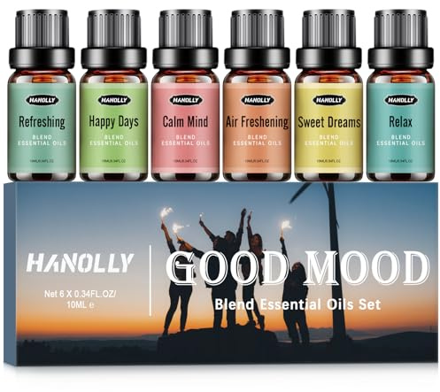 Hanolly 6 x 10 ml Gute Laune Ätherische Ölmischung Set Duftöle für Diffuser – Glückliche Tage, Frische Luft, Entspannung, Süße Träume, Erfrischung, Beruhigung