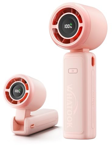 WHATOOK Portable Handheld Turbo Fan: Hand Fan 3-in-1 Neck Desk Foldable Design with Super High Speed, Digital Display, USB-C Rechargeable, Up to 12H Cooling Personal Fan for Travel & Outdoor (Pink)