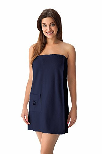 DOROTA kuscheliger und moderner Baumwoll-Saunakilt mit Klettverschluss, Gummizug & Tasche, Marine, Gr. S/M