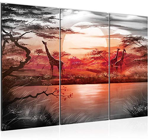 Runa Art Afrique Girafe Peinture Tableau Salon XXL Gris Rose Paysage 120 x 80 cm 3 Parties Decoration Murale 000131b