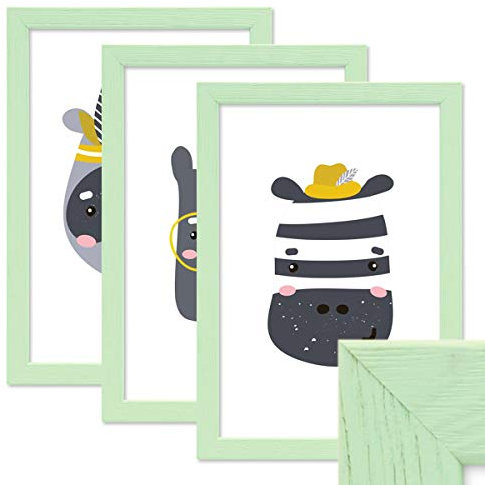 PHOTOLINI Bilderrahmen Kinderzimmer A4 21x30 cm Grün, 3er Set Wechselrahmen farbig, Holz, Acrylglas, Made in Germany, zum Aufhängen, mit Zubehör - für bunte Kinderbilder