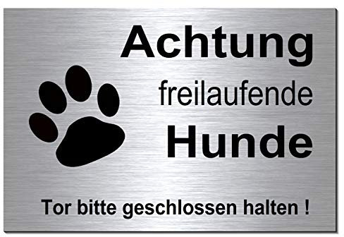 Freilaufende Hunde-Hund-Schild-30 x 20 cm-Hundeschild-Aluminium Edelstahloptik-Hunde-Warnschild-Hinweisschild 133-11 (300 x 200 x 3 mm silber mit Klebepats)