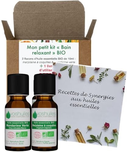Mon Petit Kit Bain Relaxant avec 2 Huiles Essentielles Bio - l'Idéal pour se Détendre Après une Journée Stressante - Marjolaine à Coquilles Bio et Mandarine Verte Bio - HEBBD - 2x10 ml - VOSHUILES