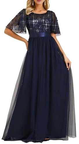 Ever-Pretty Women's Short Sleeve Embroidery Empire Waist A Line Floor Length Elegant Long Formal Evening Party Dresses 00904
