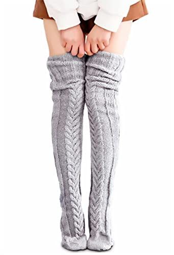 VETHIN Damen Zopfmuster Oberschenkelhohe Socken über Knie Hohe Lange Beinstrümpfe Extra Lang Winter Lange Stiefel Beinstulpen, Grau, Einheitsgröße