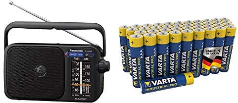 Panasonic RF-2400DEG-K Tragbares Radio mit Griff, Netz- oder Batteriebetrieb schwarz & VARTA Industrial Batterie AAA Micro Alkaline Batterien LR03-40er Pack, umweltschonende Verpackung