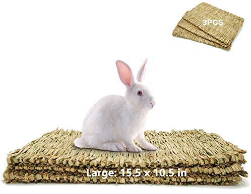 Seaokais Rabbit Grass Mat 3 Pack Natural Hand-Woven Straw Bunny Bed Hamster Cat Dog and Small Animals