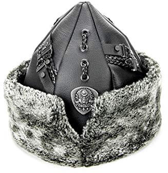 Miss Tesettür Turkish Ottoman Bork Hut, Ertugrul Leder Pelz-Winter-Cap, Osmanisches Wappen, Grau-Pelz-und schwarzes Kunstleder