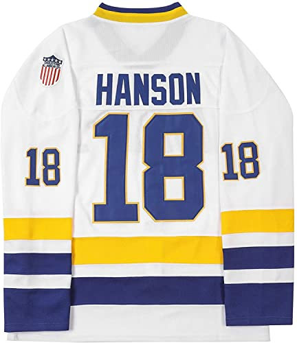 Hanson Brothers Steve Charlestown Chiefs Slap Shot Hockey-Trikot, genähte Buchstaben und Zahlen, S-XXXL, 18#Weiß, Mittel