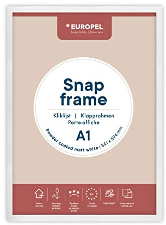 Europel Cadre Porte affiche clic-clac léger A1, finition blanche mate et poudrée, Profil 25x11 mm, Aluminium anodisé et protecteur anti-reflet, Dimensions extérieures 625x872 mm, Dos polystyrène gris