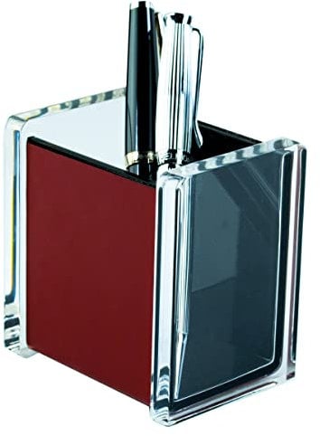 DELMON VARONE - Premium Stifteköcher aus Acryl transparent und Leder rot - Stiftebecher mit rutschfester Vliesunterseite - Design Stiftehalter eckig für Schreibtisch & Büro elegant, edel