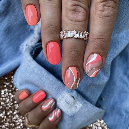 Sethexy Kurz Squoval Falsche Nägel Swirl Press on Nails Frühling Mode Falsche Fingernägel 24St Kunst Acryl Nägel aufkleben für Frauen und Mädchen