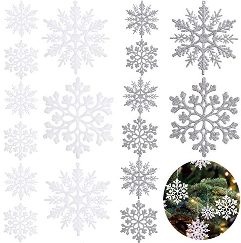 40 Pezzi Fiocchi di Neve Decorativi Natale, Glitter Natale Fiocco di Neve Ornamenti Ciondoli Albero di Natale Appeso Decorazioni per Casa Matrimonio Festa Argento/Bianco