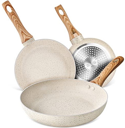 MICHELANGELO Frying Pan Set 20cm/24cm/28cm, Non Stick Frying Pan Set with Bakelite Handle, Non Stick Frying Pans Set, Granite Frying Pan Set 3Pcs, Cream White