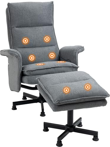 HOMCOM Swivel Recliner Chair and Footstool, Upholstered Massage Recliner Armchair with Remote Control, Timer and Steel Base, Grey