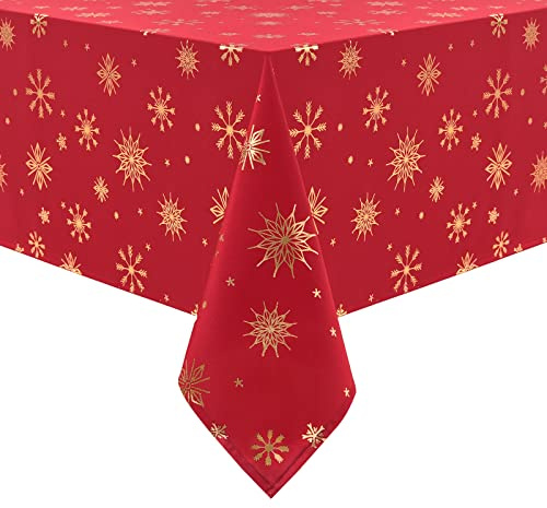 Yrendenge Weihnachtstischdecke Rot Gold Tischdecke Schneeflocke Stern Rechteckig Tischdecken, Abwaschbar Tischtuch Wasserdicht Winterurlaub Party Weihnachtsdekoration Tischwäsche, 140 x 240 cm