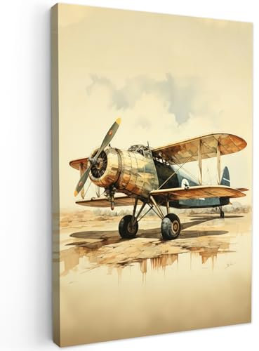 MuchoWow© Impression sur Toile Peinture 40x60 cm Tableau Mural Decoration Salon Reproductions de Tableaux Murale Moderne Vintage - Avion - Eau - Beige - Véhicule