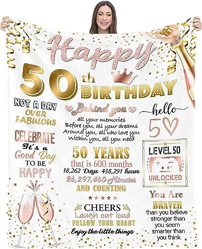 EIMOPE 50th Birthday Blanket for Women, Happy 50th Decorations, Turning 50 Gift Blanket