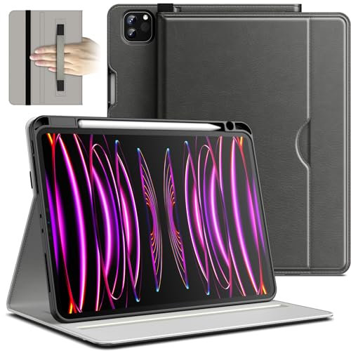 JETech Funda para iPad Pro 11 Pulgadas 4/3/2 (2022/2021/2020 Modelo), Carcasa Cuero de PU Folio Protectora con Correa Mano, Soporte Pencil & Bolsillo, Visualización Multiángulo (Gris Espacial)