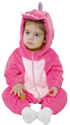 LOLANTA Costume de Dinosaure Unisexe pour Bébé, Déguisement d'animal à Capuche pour Enfant, Combinaison en Flanelle, Rose, 3-4 ans