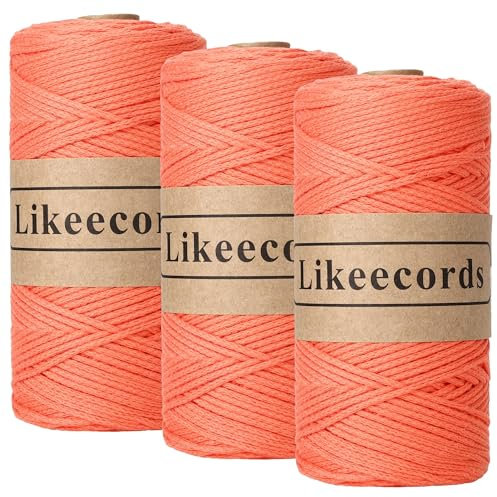 Likeecords 3 Rollen wolle für taschen häkeln 2mm x 170m,garn zum häkeln,makramee garn,baumwollgarn zum häkeln,100% Baumwolle Schlauchgarn for Knitting,Crochet, Weaving Gift (Orange)