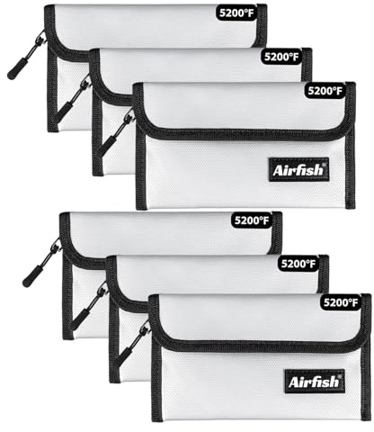 Airfish Lot de 6 Sacs à Monnaie Ignifugés 12,7 x 20,3 cm, sans Démangeaisons, Ignifuge et Imperméable avec Fermeture éclair, Petit Sac Ignifuge pour Objets de Valeur, Bijoux, Monnaie, Cartes, Argent