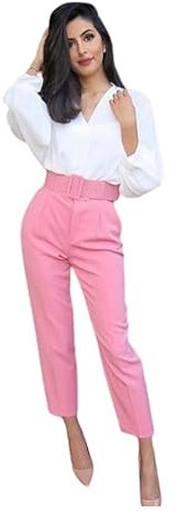 Generico Pantalone Donna Sigaretta Vita Alta Cintura (S, Rosa)
