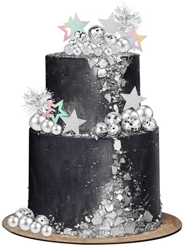 Radsocken 48 PCS Disco Ball Cake Toppers,1980s Silver Shiny Disco Ball Cake Decorations,1970s Disco Themed Cupcake Toppers for Disco Theme 70's 80's Party Supplies