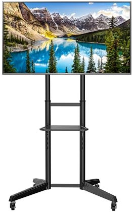 Universal Mobile Floor TV Stand on Wheels for 37-70 Inch LCD/LED/OLED Plasma Flat curved Screen, Moving Cart Mount Height adjustable Free Standing, Metal Wheels, MAX 50KG and VESA 600x400mm - Black
