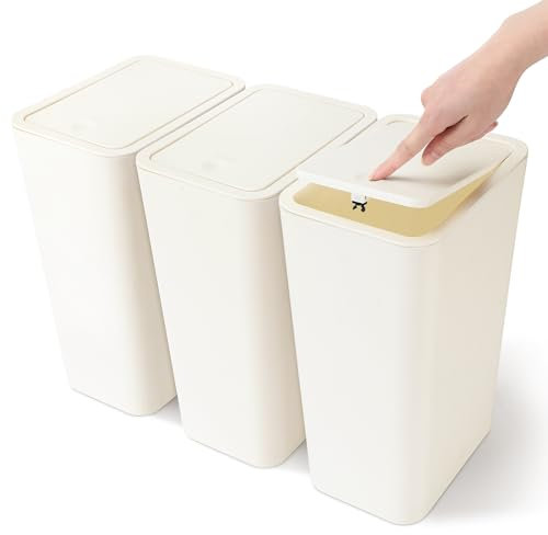 JOTOM 3er Set Mini Mülleimer Badezimmer mit Pop-Up Deckel, 10L moderner Abfalleimer Papierkorb Trash Bin, Abfallkorb Geeignet für Wohnzimmer, Schlafzimmer, Küche, WC, Büro (Beige)