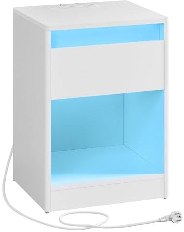 VASAGLE Kailyn Collection - Table de Nuit avec Multiprise, Table d’Appoint avec Lumières LED Réglables, Tiroir, 2 Prises, 2 Ports USB, Moderne, pour Chambre, Salon, Blanc Nuage LET618T15