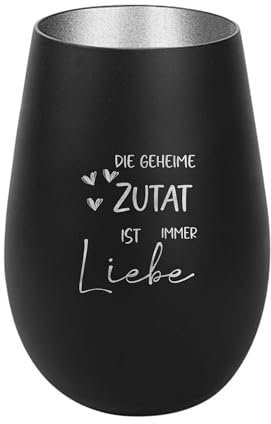 Der-Porzellan-Laden Windlicht mit Gravur Die geheime Zutat ist Immer Liebe, Schwarz Silber, Teelichthalter aus Glas mit Spruch, Tischdeko modern