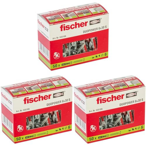 fischer 555106 DUOPOWER 6 x 30 S, Universaldübel mit Sicherheitsschraube, 2-Komponenten-Dübel, Kunststoffdübel,zur Befestigung in in Beton, Ziegeln, Gipskarton uvm., 50 Dübel + 50 Schrauben, Grau/Rot