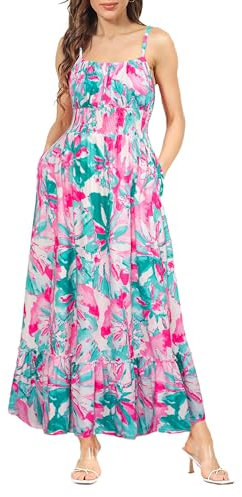 GRACE KARIN Robe de Soirée à Motif Floral Femme Bretelles Spaghetti Trapèze sans Manches Décontractée pour Été Plage XL Fleurs Rose-Vert sur Blanc