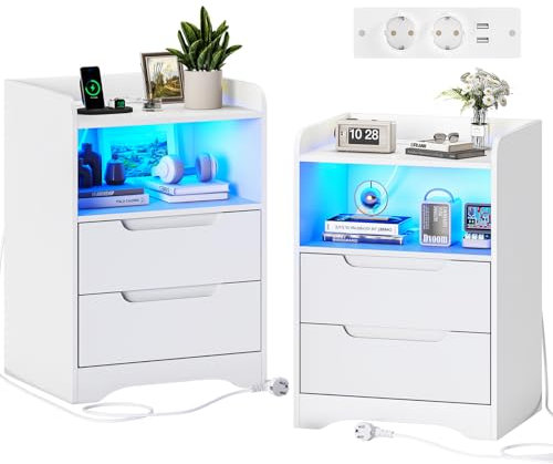 Brinlawb Juego de 2 Mesitas de Noche con luces LED y Estación de Carga (2 Tomas AC, 2 Puertos USB) Mesita de Noche Blanca Mesas Auxiliares con 1 compartimento abierto y 2 cajones para Dormitorio Salón